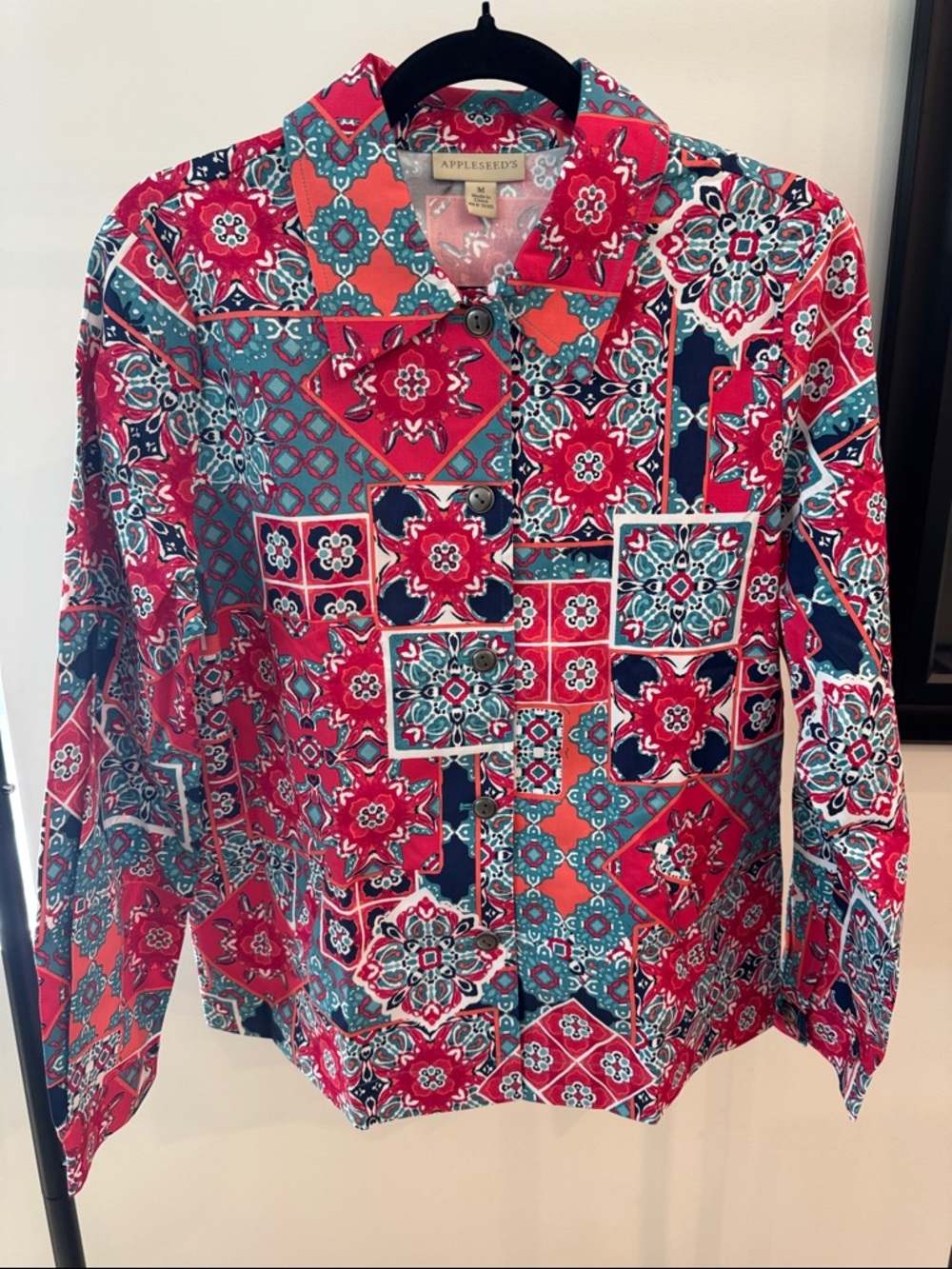 Appleseed's Coral & Teal Tile Print Button-Front Shirt Jacket